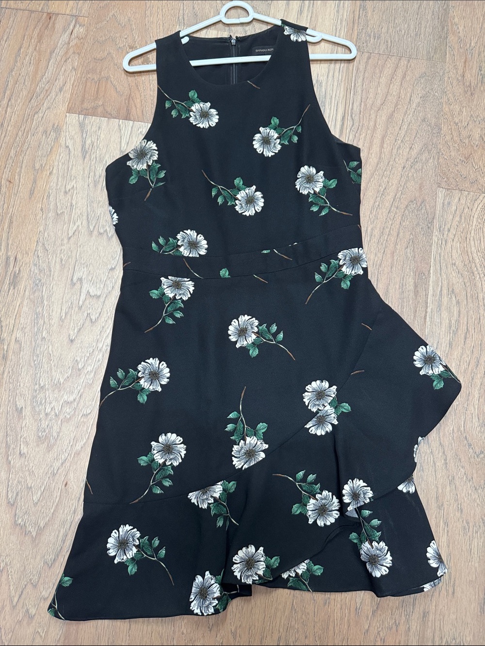 Banana Republic Black Floral Ruffle-Hem Mini Dress